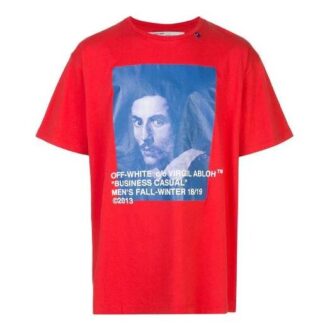 Off-White Men’ s Bernini Logo Printing Short Sleeve Loose Fit Red T-Shirt