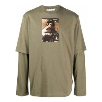 Off-White Men’ s Caravaggio Boy Printing Long Sleeves Loose Fit Military Green T-Shirt