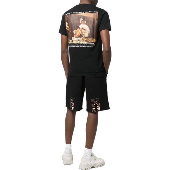 Off-White Men’ s Caravaggio Logo Printing Solid Color Sports Shorts Black