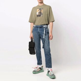 Off-White Men’ s Character Printing Round Neck Pullover Short Sleeve Loose Fit Green T-Shirt