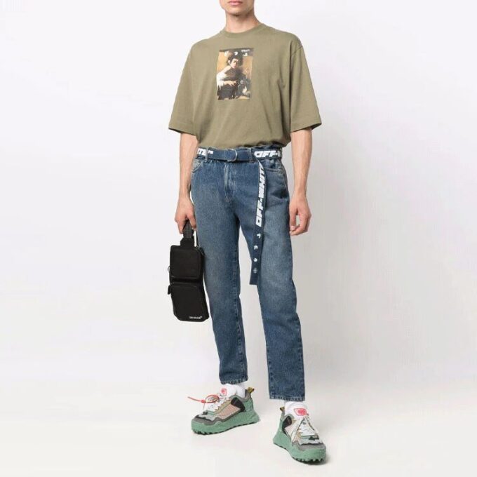 Off-White Men’ s Character Printing Round Neck Pullover Short Sleeve Loose Fit Green T-Shirt