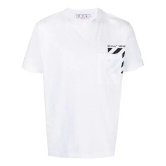 Off-White Men’ s Chest Stripe Pocket Round Neck Short Sleeve White T-Shirt