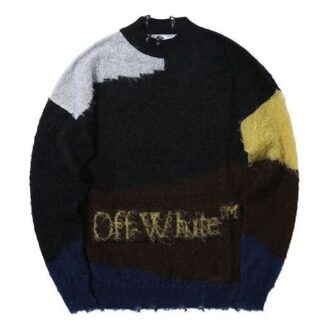 Off-White Men’ s Contrasting Colors Round Neck Long Sleeves Wool Sweater Black