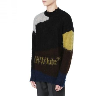 Off-White Men’ s Contrasting Colors Round Neck Long Sleeves Wool Sweater Black
