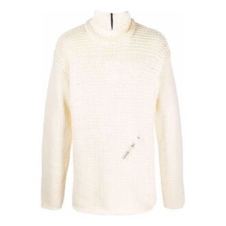 Off-White Men’ s Detail Knit Solid Color High Collar Wool Sweater Loose Fit White