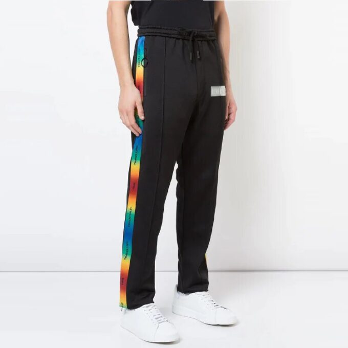Off-White Men’ s Drawstring Waist Side Stripe Drawstring Casual Pants/Trousers Loose Fit Black
