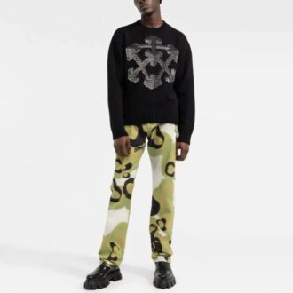 Off-White Men’ s FW21 3D Arrow Pattern Knit Pullover Wool Sweater Loose Fit Black
