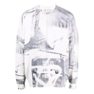 Off-White Men’ s FW21 Abstract Printing Round Neck Pullover Wool Sweater Loose Fit White