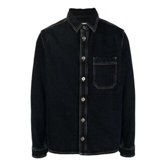 Off-White Men’ s FW21 Adornment Slogan Denim Long Sleeves Denim Deep Blue Shirt