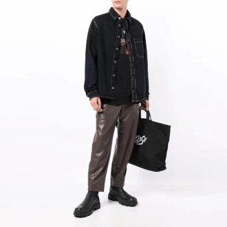 Off-White Men’ s FW21 Adornment Slogan Denim Long Sleeves Denim Deep Blue Shirt