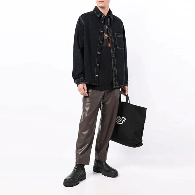 Off-White Men’ s FW21 Adornment Slogan Denim Long Sleeves Denim Deep Blue Shirt