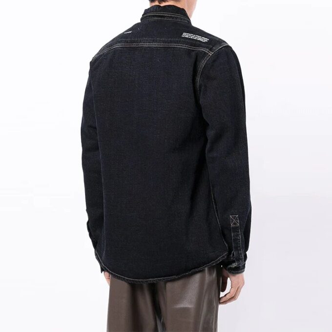Off-White Men’ s FW21 Adornment Slogan Denim Long Sleeves Denim Deep Blue Shirt