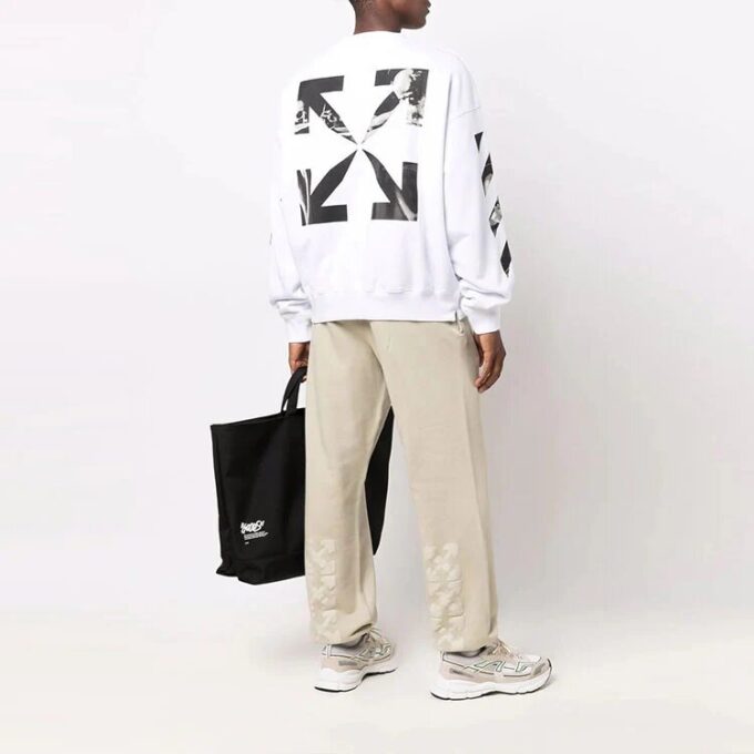 Off-White Men’ s FW21 Arrow Logo Printing Pullover Round Neck Loose Fit White