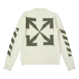 Off-White Men’ s FW21 Arrow Logo Round Neck Pullover Wool Sweater Loose Fit Milky White