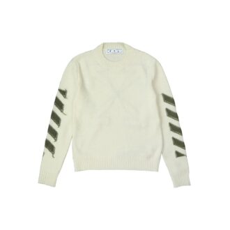 Off-White Men’ s FW21 Arrow Logo Round Neck Pullover Wool Sweater Loose Fit Milky White