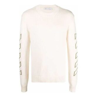 Off-White Men’ s FW21 Arrow Pattern Knit Long Sleeves Round Neck Wool Sweater White