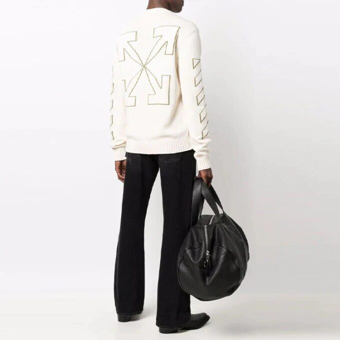 Off-White Men’ s FW21 Arrow Pattern Knit Long Sleeves Round Neck Wool Sweater White