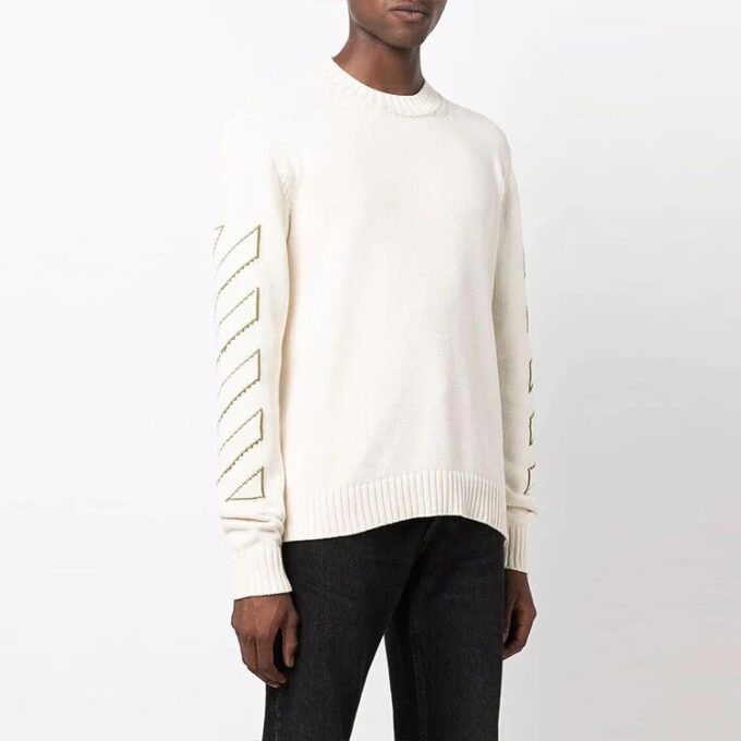 Off-White Men’ s FW21 Arrow Pattern Knit Long Sleeves Round Neck Wool Sweater White
