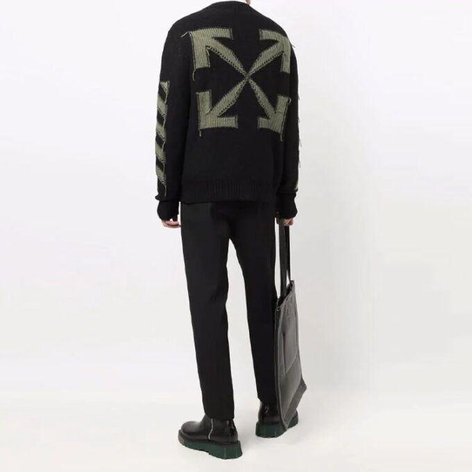 Off-White Men’ s FW21 Arrow Pattern Round Neck Pullover Wool Sweater Loose Fit Black