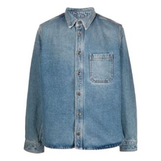 Off-White Men’ s FW21 Casual Distress Denim Long Sleeves Loose Fit Blue Shirt