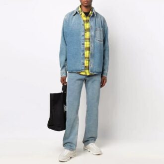 Off-White Men’ s FW21 Casual Distress Denim Long Sleeves Loose Fit Blue Shirt