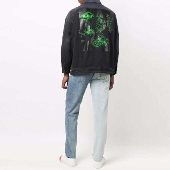Off-White Men’ s FW21 Casual Washed Effect Denim Dark Grey Jacket