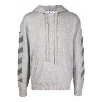 Off-White Men’ s FW21 Diagonal Stripes Hooded Pullover Wool Sweater Loose Fit Gray