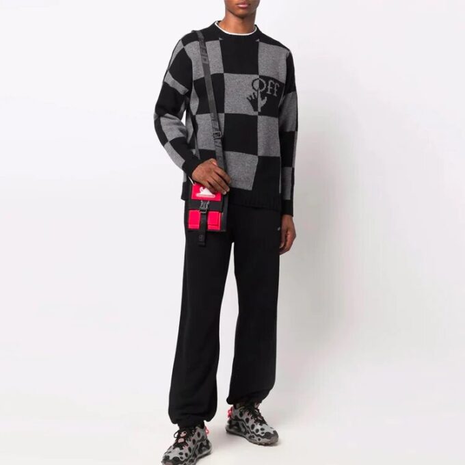 Off-White Men’ s FW21 Grid Logo Intarsia Knit Ordinary Version Black
