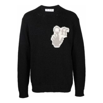 Off-White Men’ s FW21 Hands Off Logo Alphabet Round Neck Wool Sweater Loose Fit Black