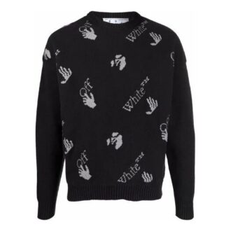 Off-White Men’ s FW21 Intarsia Knit Logo Round Neck Pullover Wool Sweater Loose Fit Black
