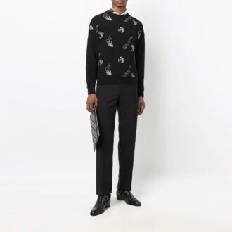 Off-White Men’ s FW21 Intarsia Knit Logo Round Neck Pullover Wool Sweater Loose Fit Black