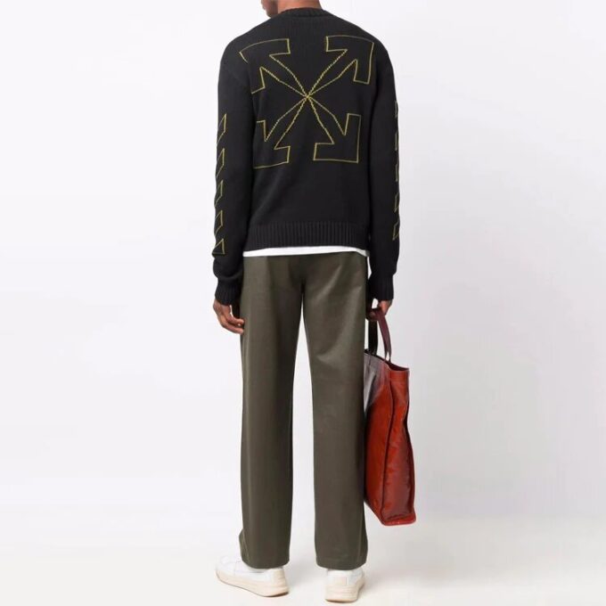 Off-White Men’ s FW21 Intarsia Pattern Long Sleeves Pullover Wool Sweater Black