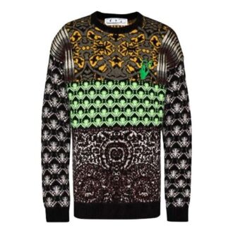 Off-White Men’ s FW21 Logo Arrow Pattern Round Neck Wool Sweater Loose Fit Green