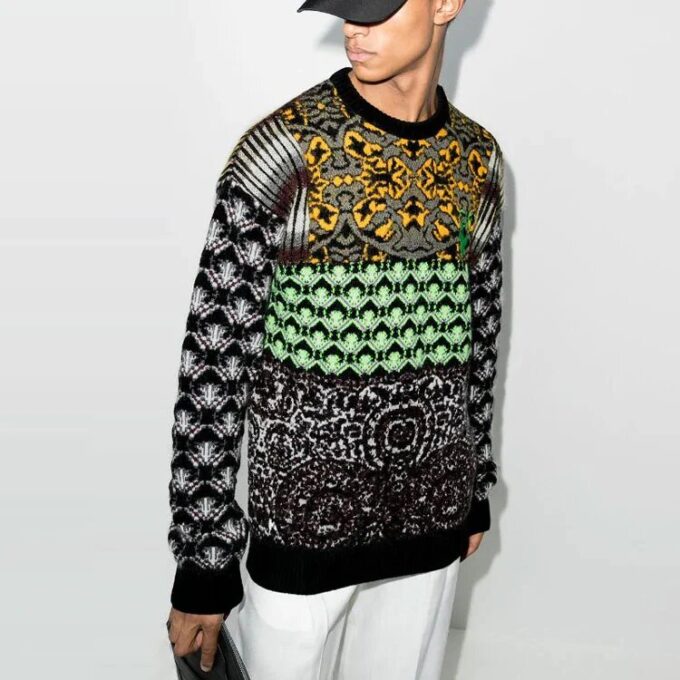 Off-White Men’ s FW21 Logo Arrow Pattern Round Neck Wool Sweater Loose Fit Green