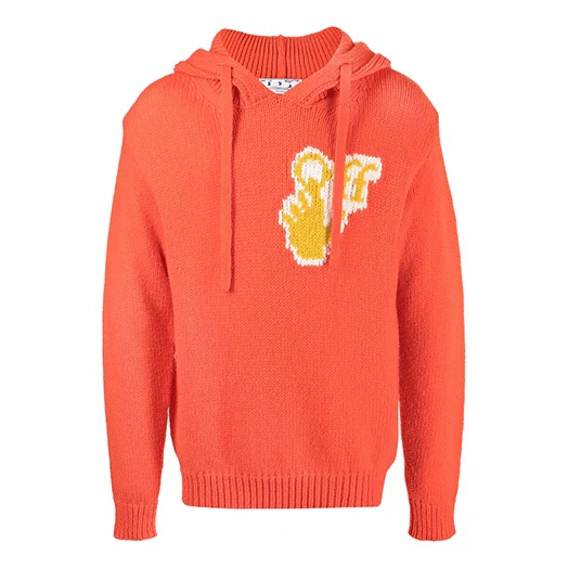 Off-White Men’ s FW21 Logo Intarsia Knit Pullover Hooded Wool Sweater Loose Fit Orange