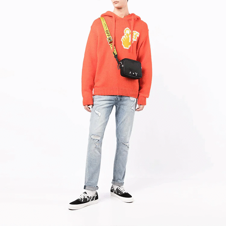 Off-White Men’ s FW21 Logo Intarsia Knit Pullover Hooded Wool Sweater Loose Fit Orange