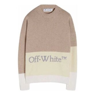 Off-White Men’ s FW21 Logo Pattern Round Neck Pullover Long Sleeves Colorblock Wool Sweater Loose Fit