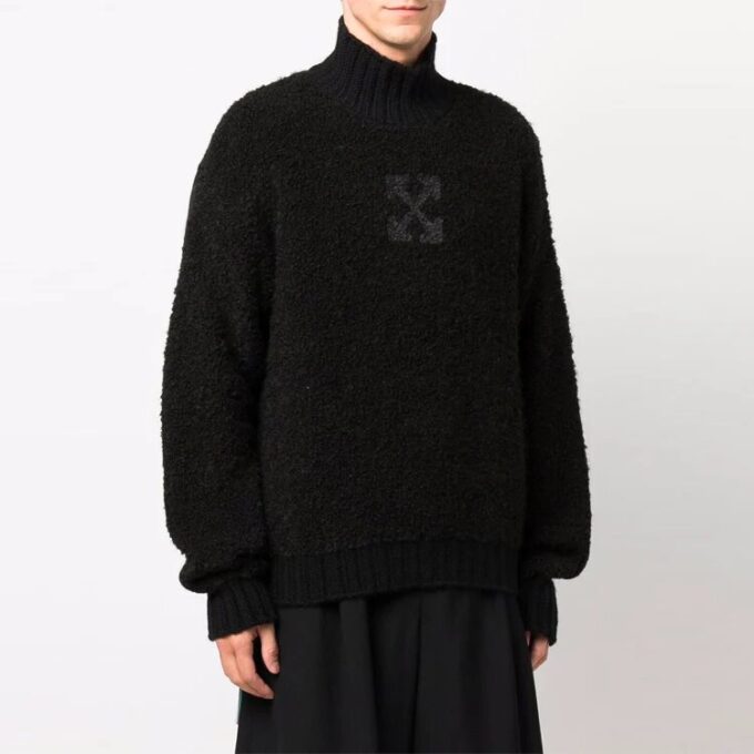 Off-White Men’ s FW21 Logo Pattern Solid Color High Collar Wool Sweater Loose Fit Black