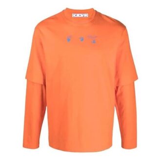 Off-White Men’ s FW21 Logo Round Neck Pullover Printing Long Sleeves Loose Fit Orange T-Shirt