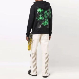 Off-White Men’ s FW21 Painting Pattern Drawstring Hood Long Sleeves Loose Fit Black