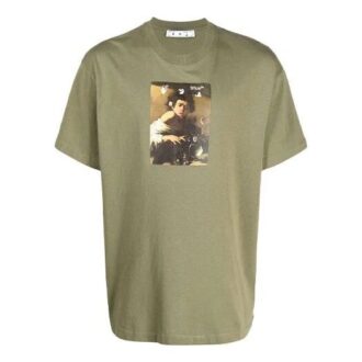 Off-White Men’ s FW21 Painting Printing Round Neck Short Sleeve Loose Fit Green T-Shirt