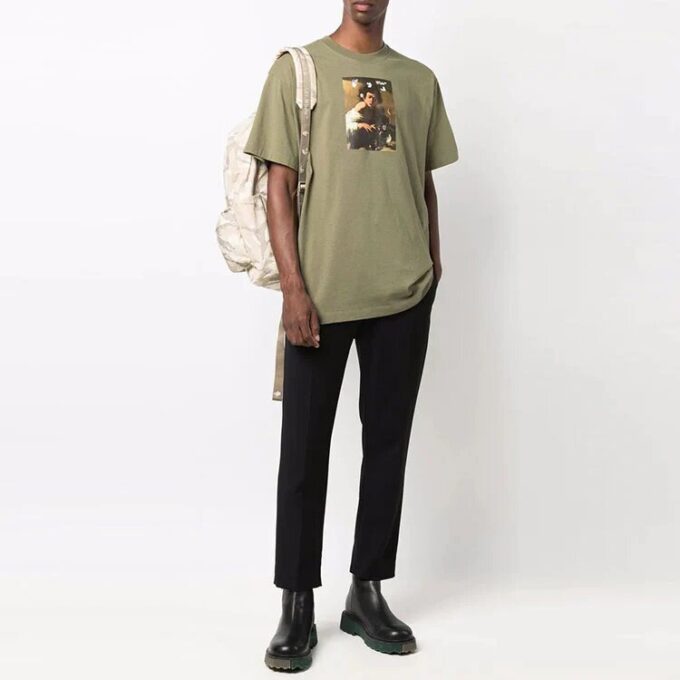 Off-White Men’ s FW21 Painting Printing Round Neck Short Sleeve Loose Fit Green T-Shirt
