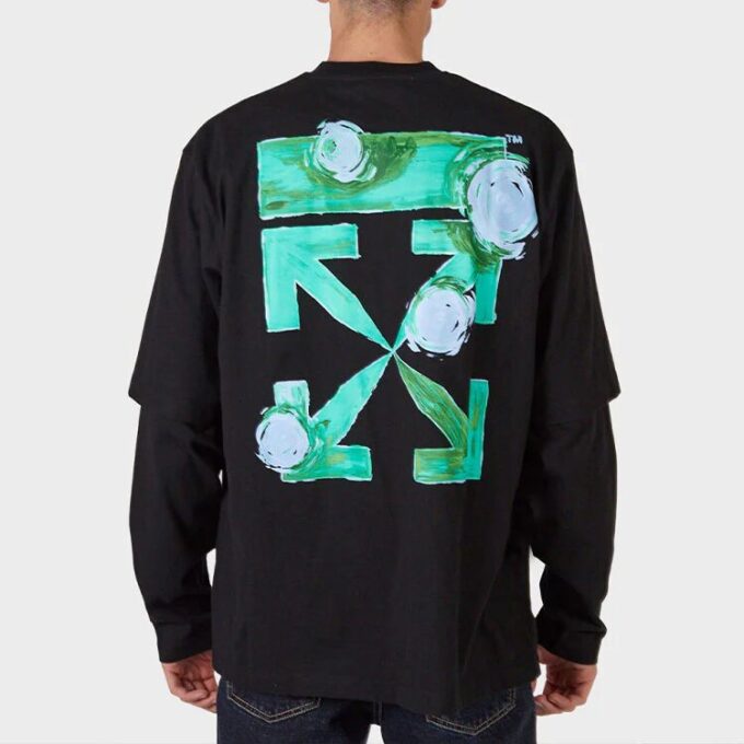 Off-White Men’ s FW21 Sleeve Printing Green Arrow Long Sleeves Loose Fit Black T-Shirt
