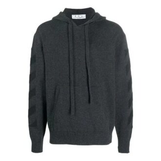 Off-White Men’ s FW21 Solid Color Logo Intarsia Hooded Pullover Wool Sweater Version Gray