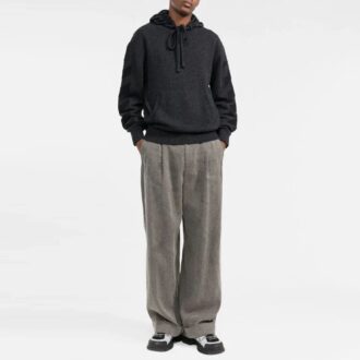 Off-White Men’ s FW21 Solid Color Logo Intarsia Hooded Pullover Wool Sweater Version Gray