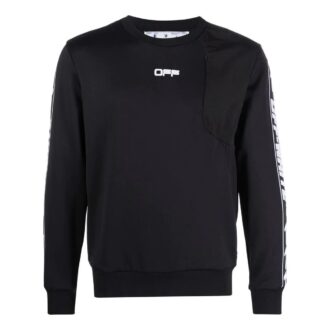 Off-White Men’ s FW22 Asymmetric Splicing Logo Webbing Round Neck Long Sleeves Black