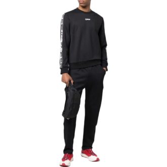 Off-White Men’ s FW22 Asymmetric Splicing Logo Webbing Round Neck Long Sleeves Black