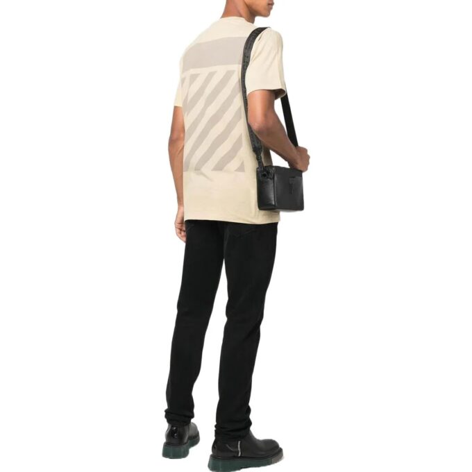 Off-White Men’ s FW22 Back Stripe Printing Round Neck Short Sleeve Ordinary Version Light Brown T-Shirt