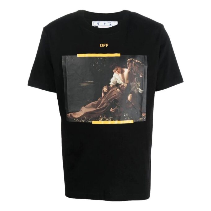 Off-White Men’ s FW22 Caravaggio Arrow Character Printing Casual Short Sleeve Black T-Shirt