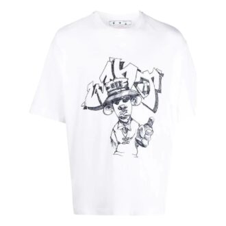 Off-White Men’ s FW22 Cartoon Printing Round Neck Short Sleeve Loose Fit White T-Shirt